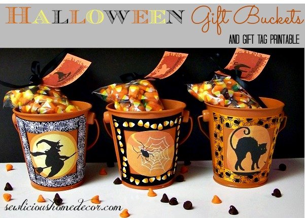 Halloween Gift Buckets with gift tags and candy