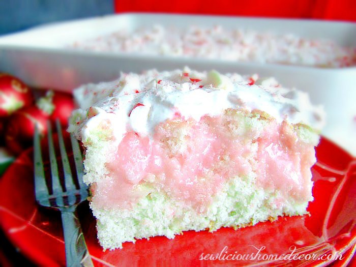 Holiday Peppermint Poke Cake with peppermint and pudding mix
