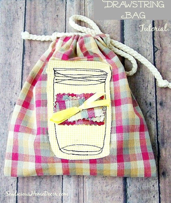 An Easy #Mason Jar #Drawstring #Bag Tutorial for beginners or advanced at sewlicioushomedecor.com_