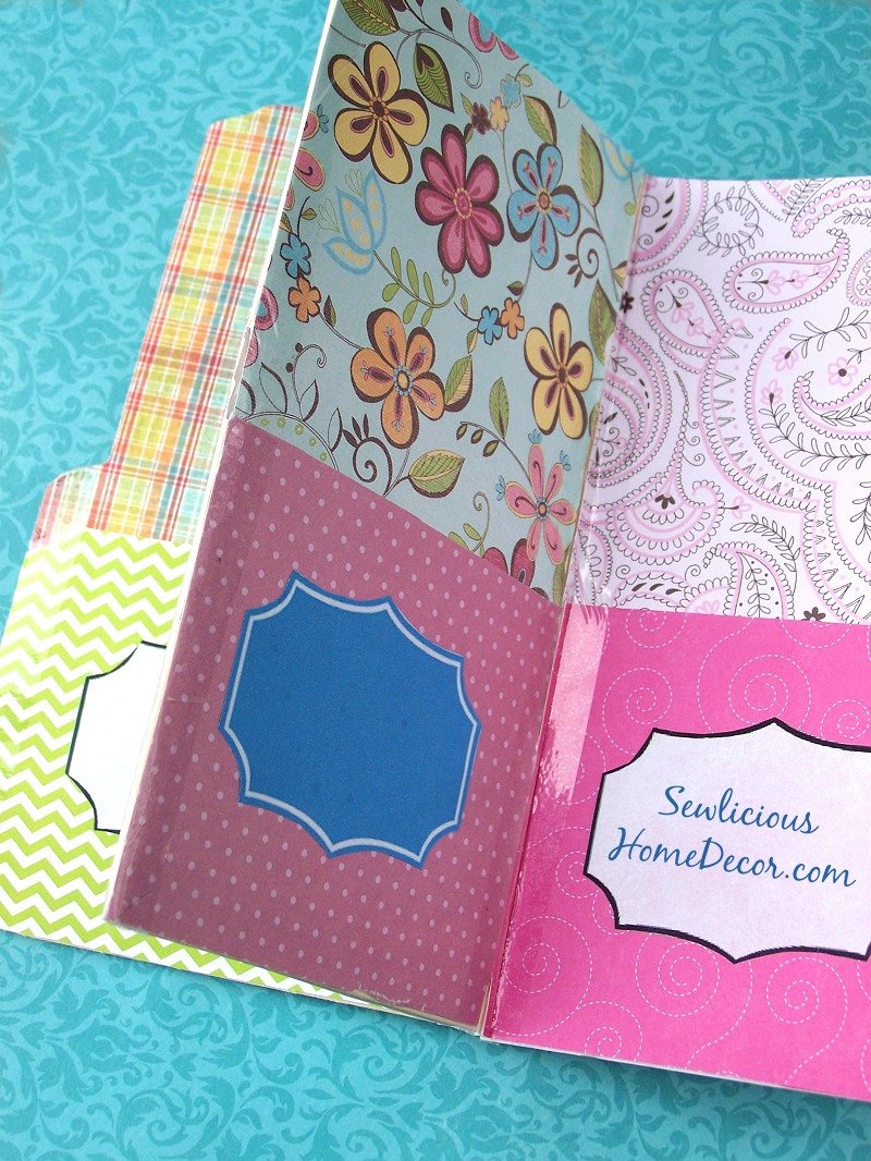 Pocket folder organizer made with scrapbook paper and manilla folders. sewlicioushomedecor.com