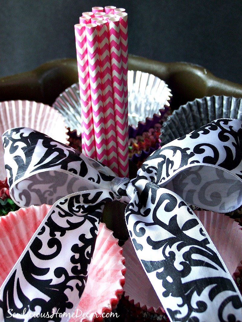 Easily turn a bundt pan into a Bundt Pan Gift Basket.  Fill it with cupcake liners or other kitchen items.  Wrap a bow around it for a fun and creative gift!