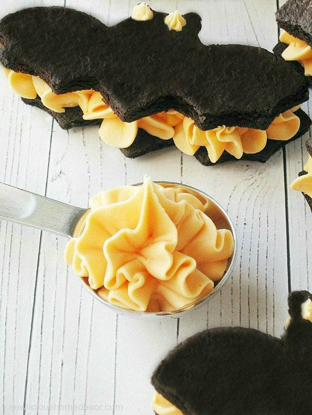 An Orange Halloween Bat Black Velvet Oreo cream filling cookie at sewlicioushomedecor.com
