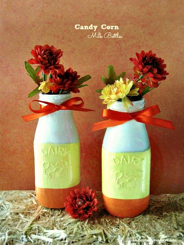 Pretty-Fall-Painted Candy-Corn-Milk-Bottles Jars-at-sewlicioushomedecor