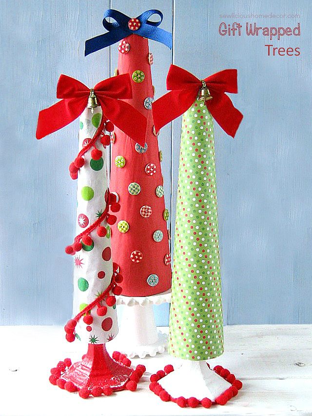 Wrapped cones with tissue paper or wrapping paper for a DIY Holiday Christmas Tree.