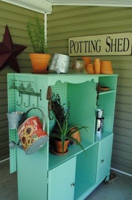 Recycled entertainment center potting planter shed organizer