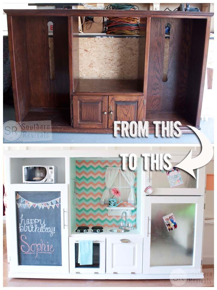 Recycled entertainment center play kitchen