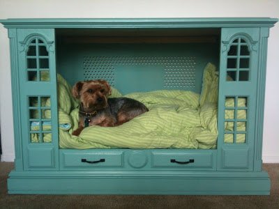 Recycled entertainment center dog bed