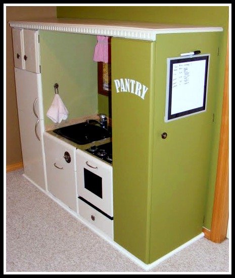 Recycled entertainment center play kitchen with pantry