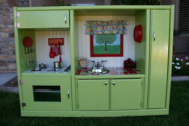 Recycled entertainment center play kitchen