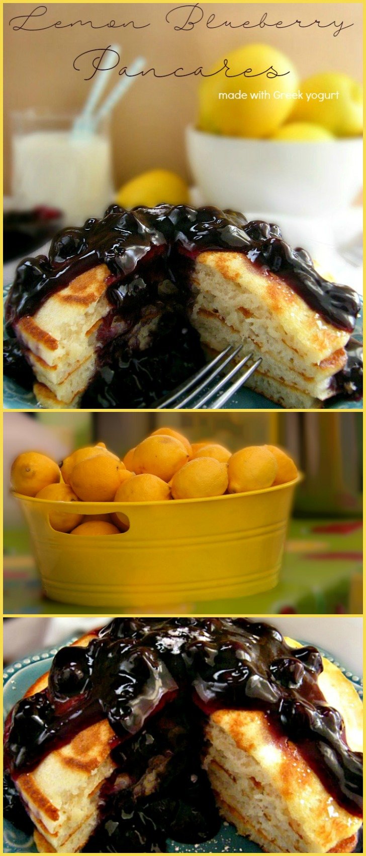 Lemon Blueberry Pancakes made with lemon Greek yogart topped with blueberry pie filling. sewlicioushomedecor.com