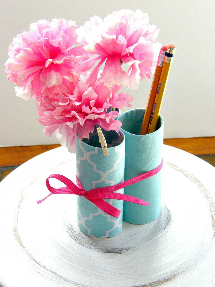 Recycled Office Desk Organizer made with toilet paper rolls covered with fabric at sewlicioushomedecor.com