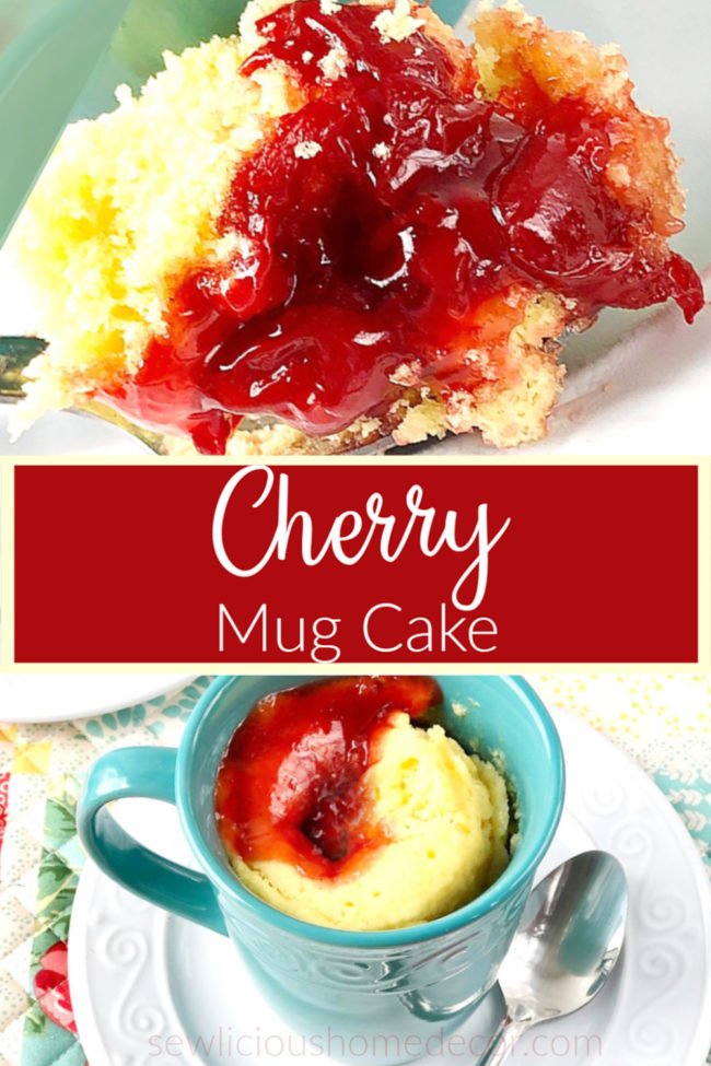 Cherry Pie Mug Cake Dessert Individual microwaveable cherry cobbler mug cake made with a yellow cake mix and cherry pie filling.